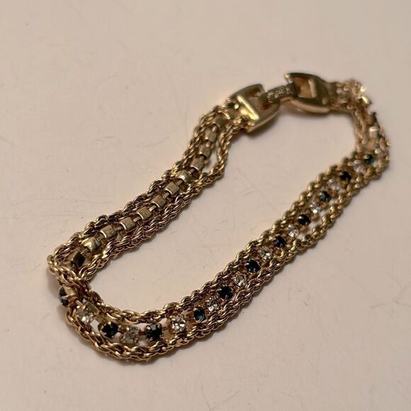 Gold Tone Rope Bracelet with Bezel set dark blue and clear stones - Picture 1 of 4